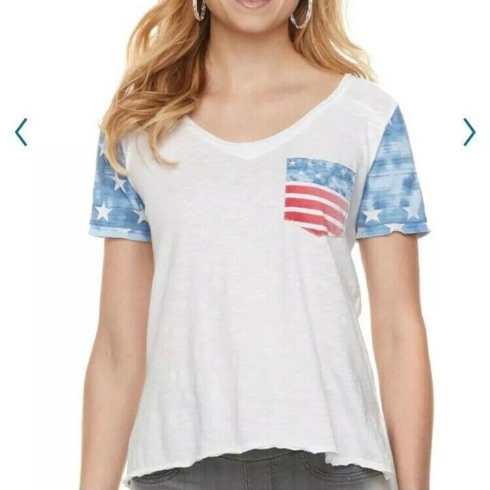Rock & Republic American Flag Tee Shirt Top Stars Stripe V Neck White Med Hi …